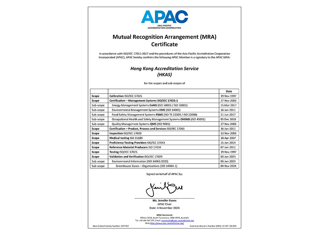 In November 2024, HKAS successfully extended its APAC MRA to "Greenhouse Gases – Organsations (ISO 14064-1)" under "Validation and Verification of Environmental Information"